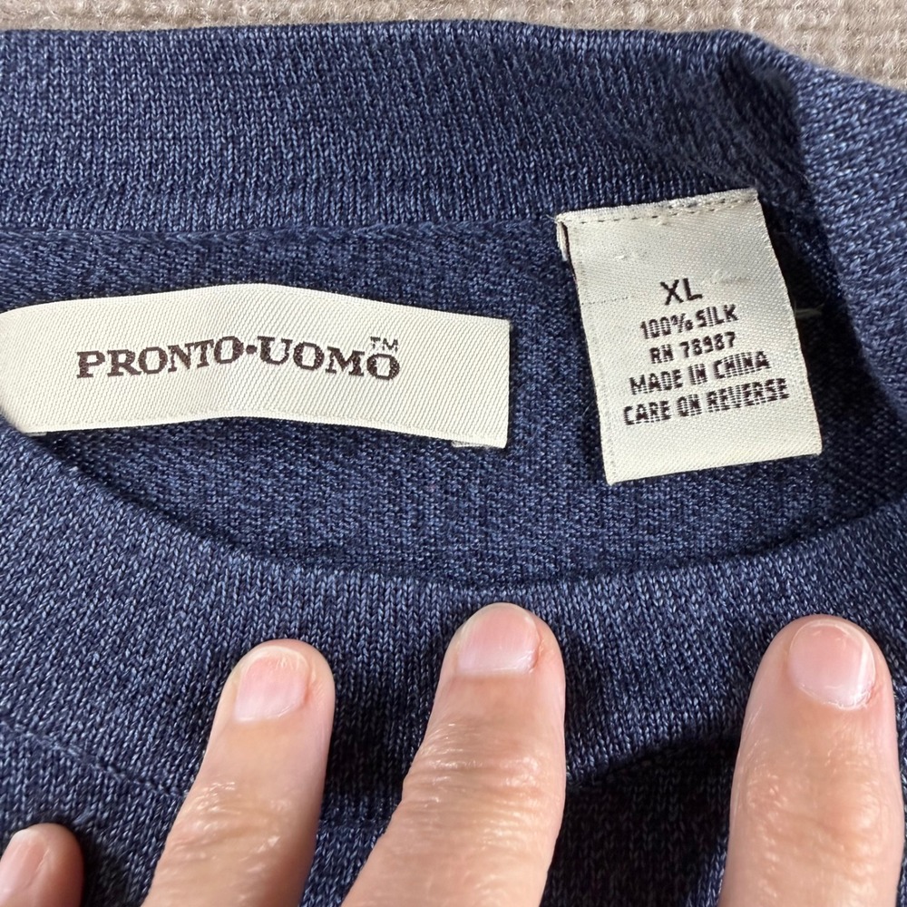 Pronto Uomo Mens XL Blue 100% Silk Crewneck Raglan Long Sleeve Sweater Knit Top - Picture 4 of 6